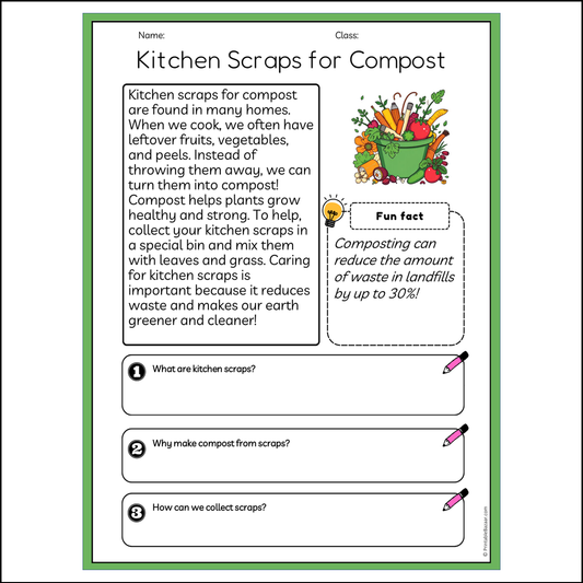 Kitchen Scraps for Compost | Reading Passage Comprehension Questions Writing Facts Worksheet