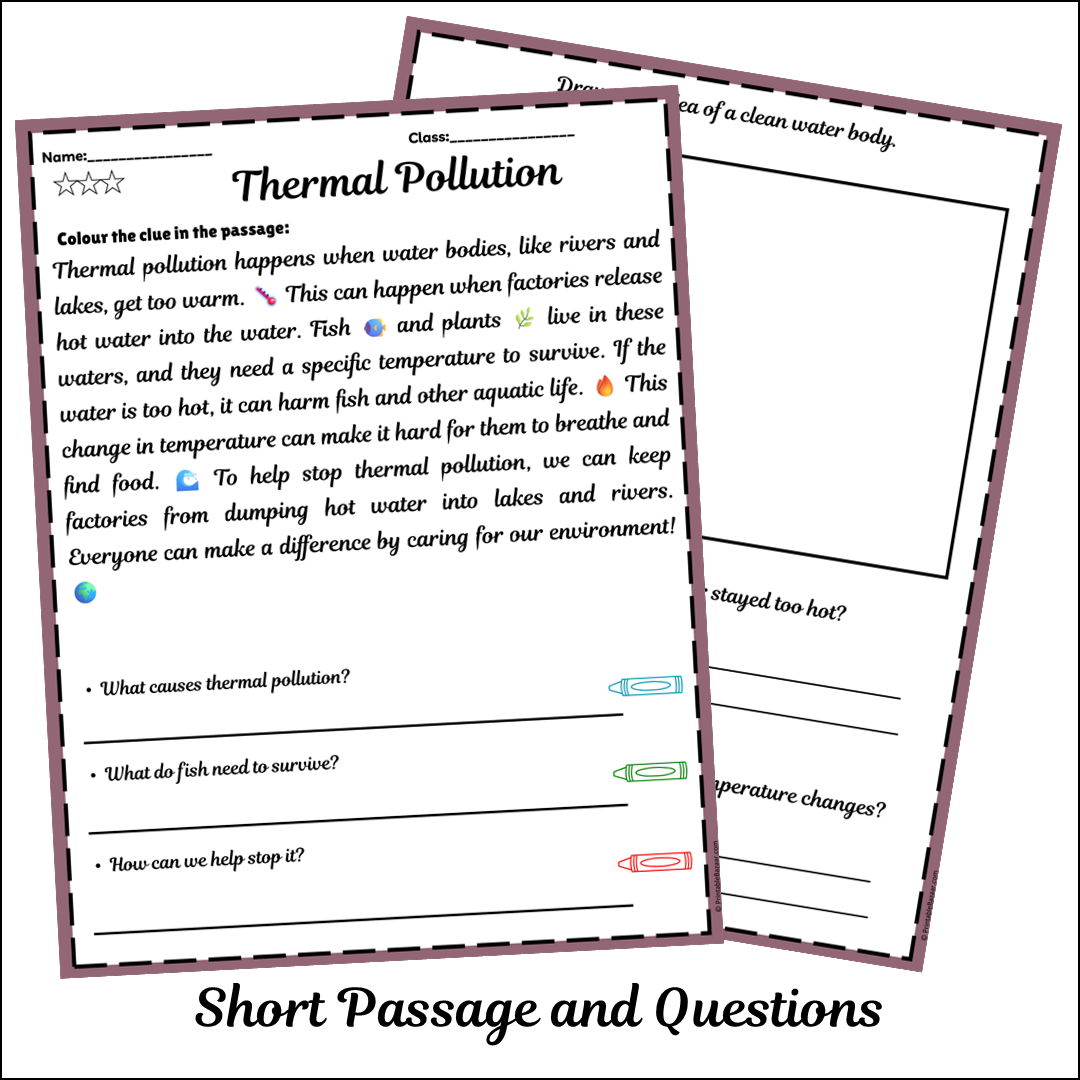 Thermal Pollution | Short Reading Comprehension Creative Worksheet