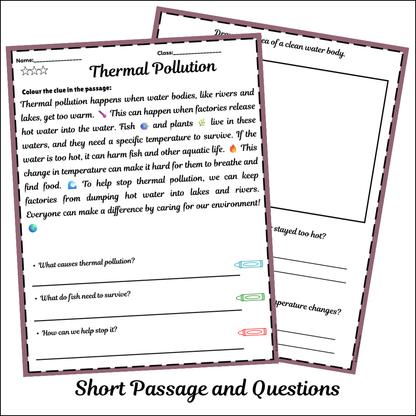 Thermal Pollution | Short Reading Comprehension Creative Worksheet