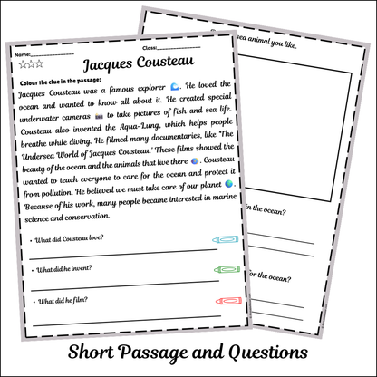 Jacques Cousteau | Short Reading Comprehension Creative Worksheet