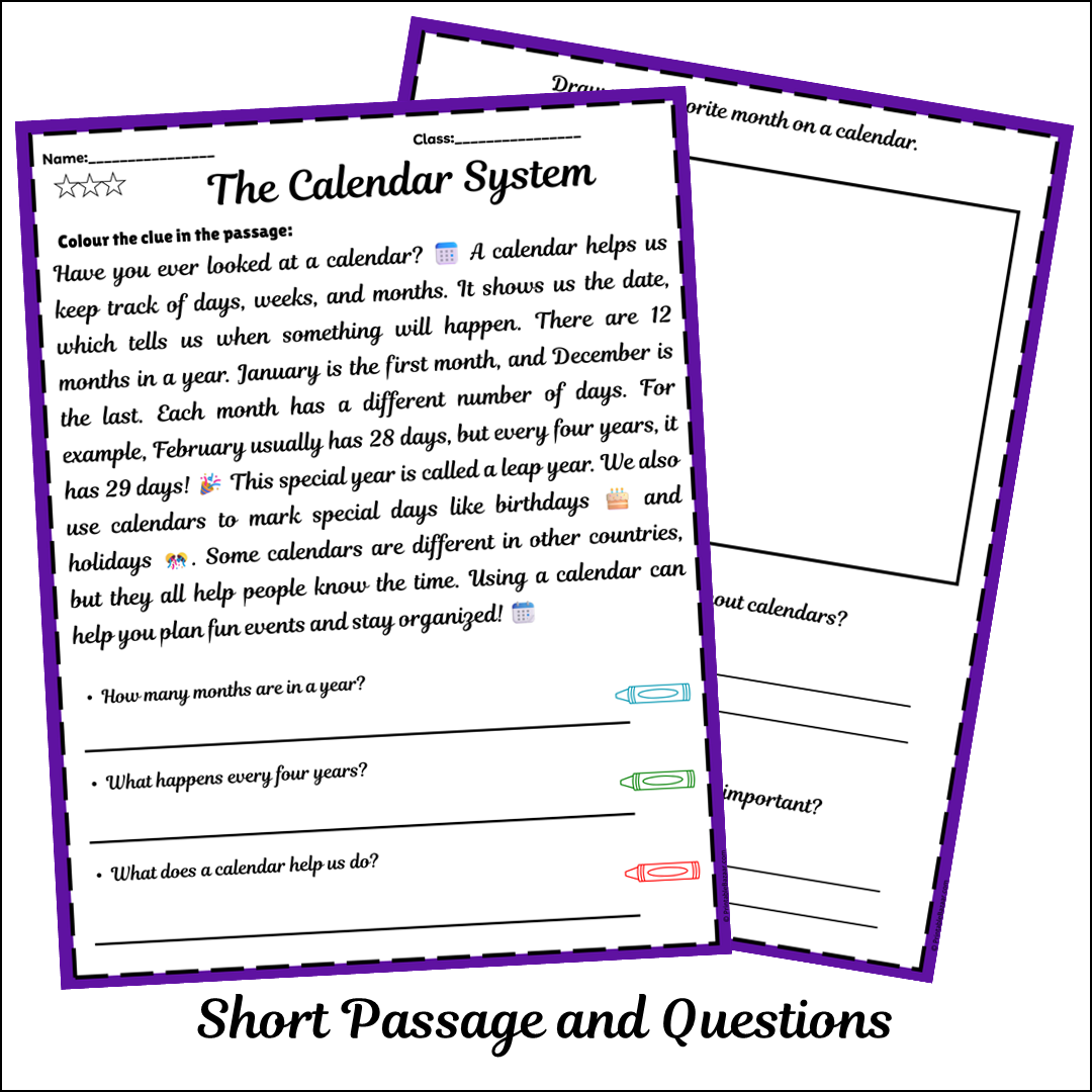 The Calendar System | Short Reading Comprehension Creative Worksheet