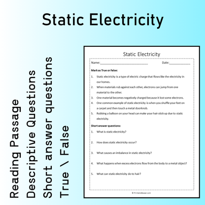 Static Electricity | Reading Comprehension Passage Printable Worksheet