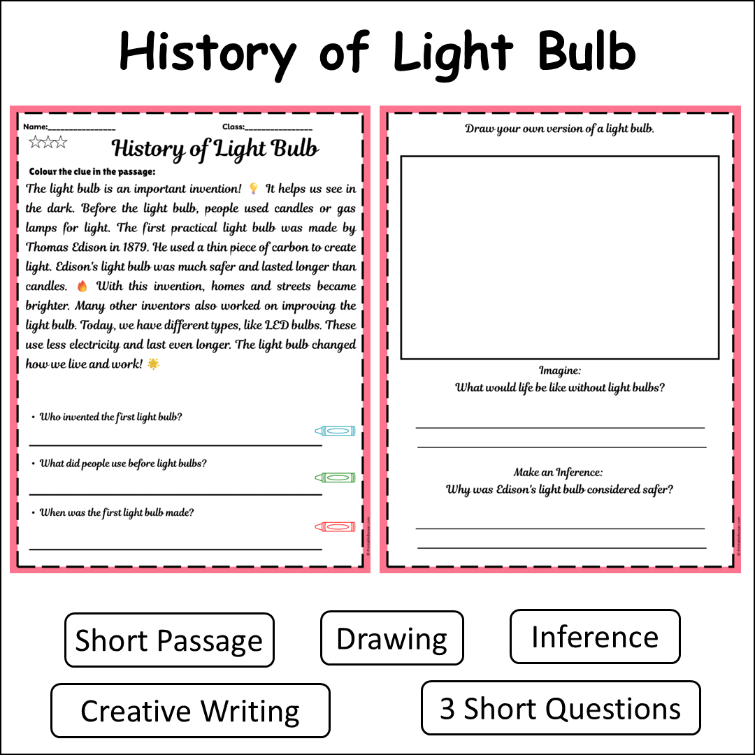 History of Light Bulb | Short Reading Comprehension Creative Worksheet