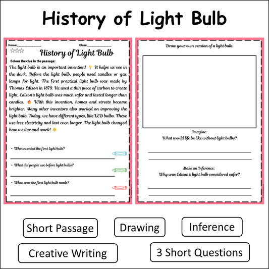 History of Light Bulb | Short Reading Comprehension Creative Worksheet