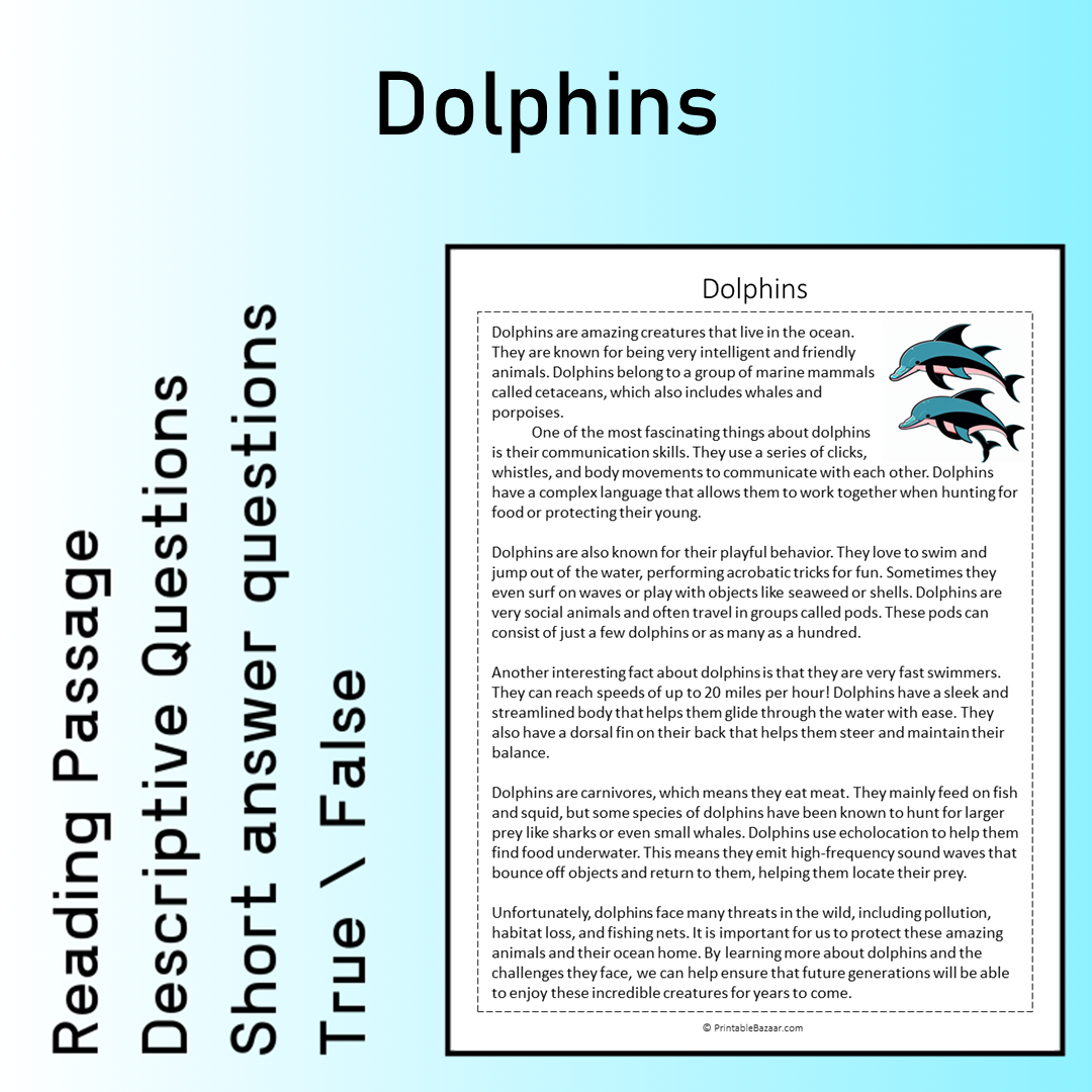 Dolphins | Reading Comprehension Passage Printable Worksheet