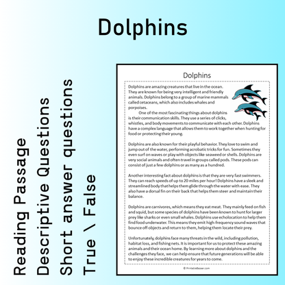 Dolphins | Reading Comprehension Passage Printable Worksheet