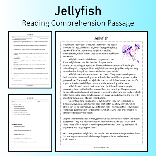 Jellyfish | Reading Comprehension Passage Printable Worksheet