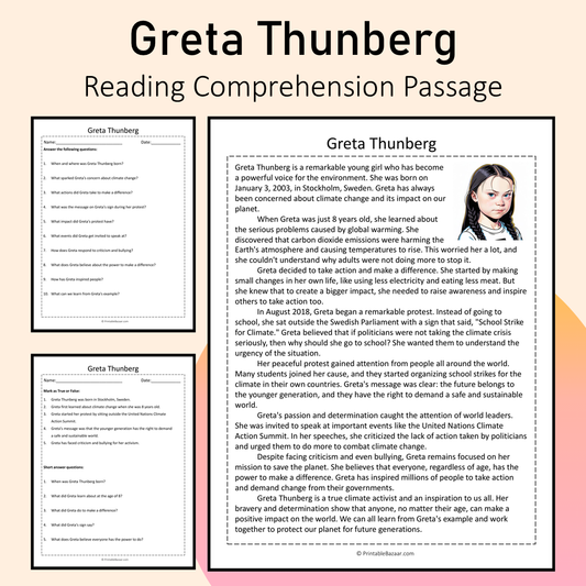 Greta Thunberg | Reading Comprehension Passage Printable Activity