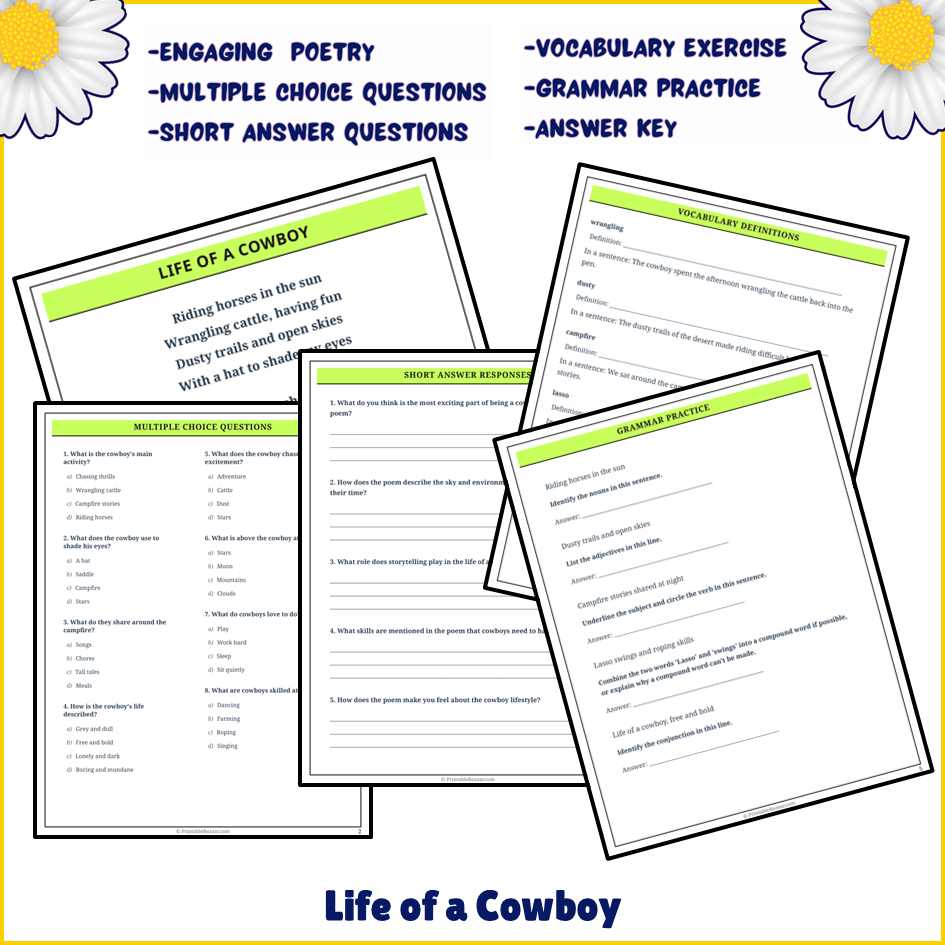 Life of a Cowboy | Poem Grammar Worksheet Printable Activity
