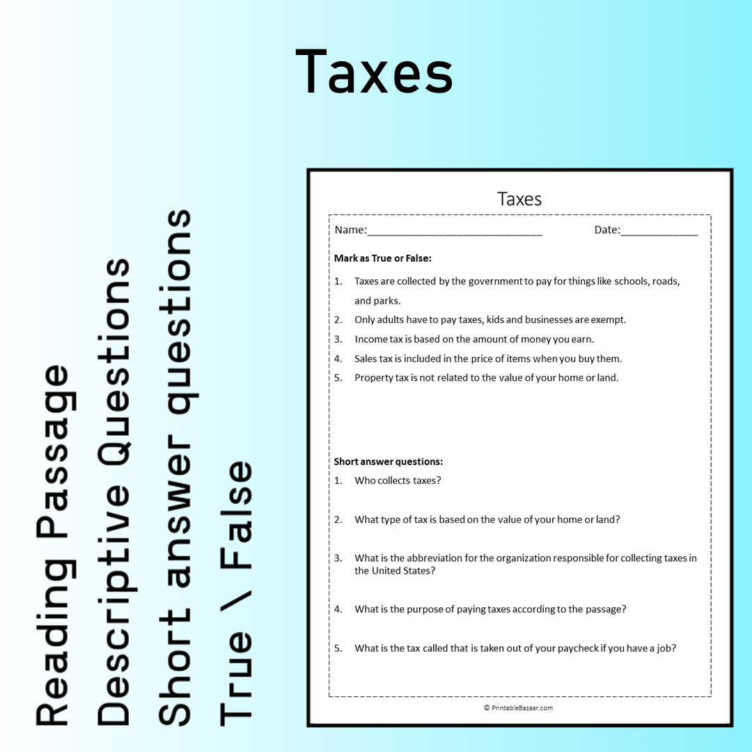 Taxes | Reading Comprehension Passage Printable Worksheet