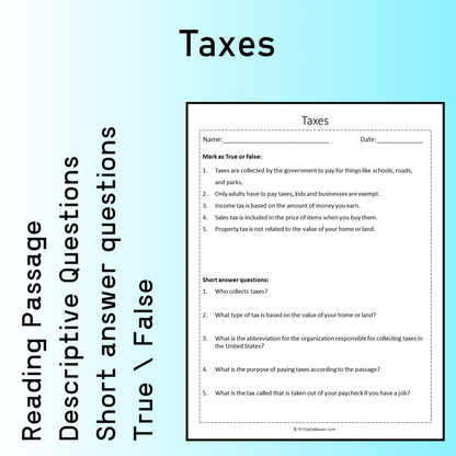 Taxes | Reading Comprehension Passage Printable Worksheet