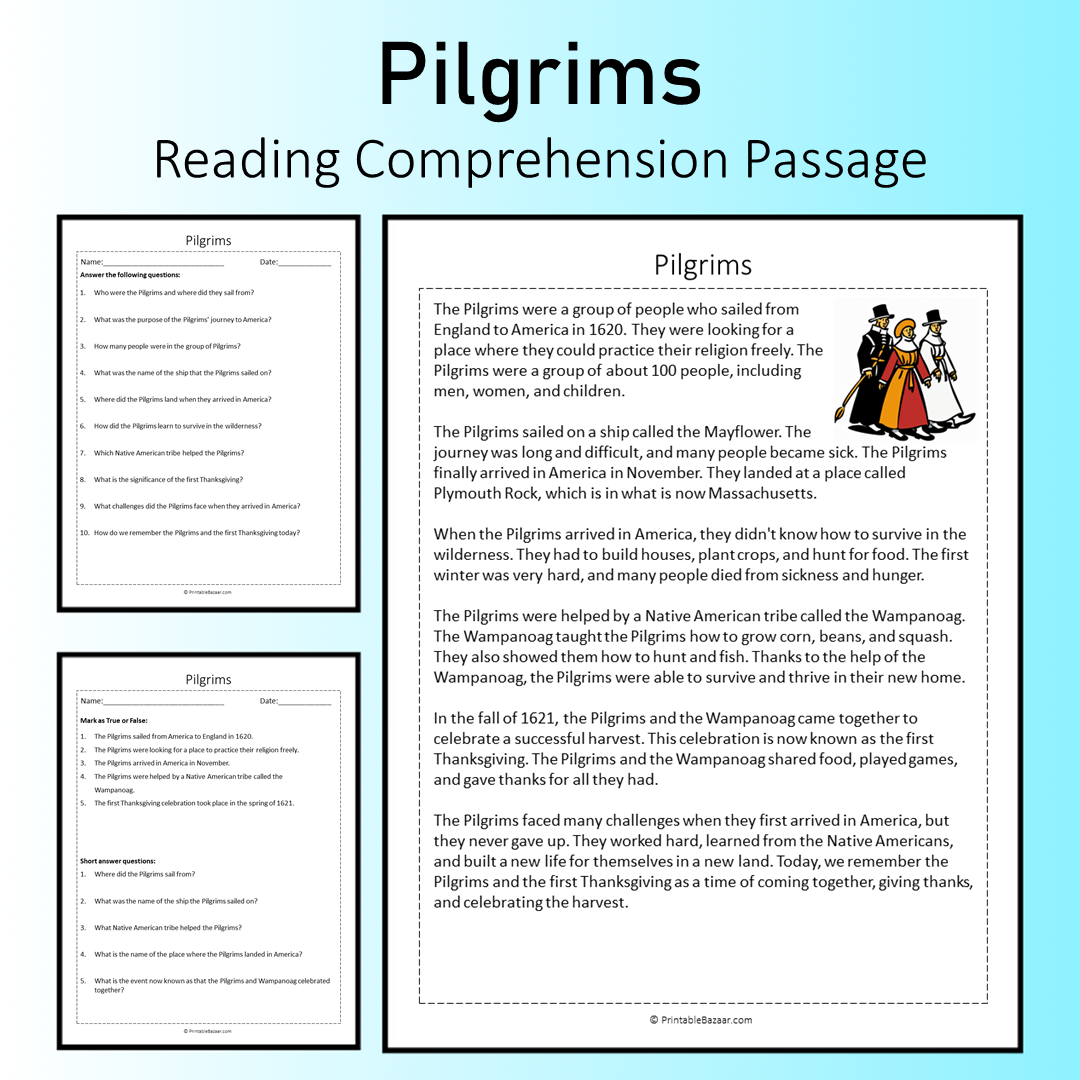 Pilgrims | Reading Comprehension Passage Printable Worksheet