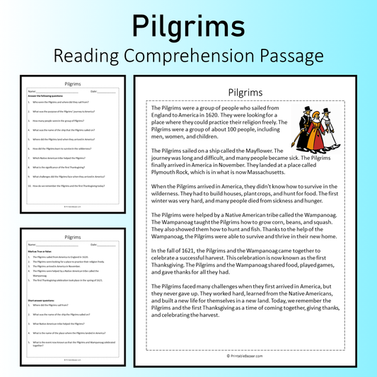 Pilgrims | Reading Comprehension Passage Printable Worksheet
