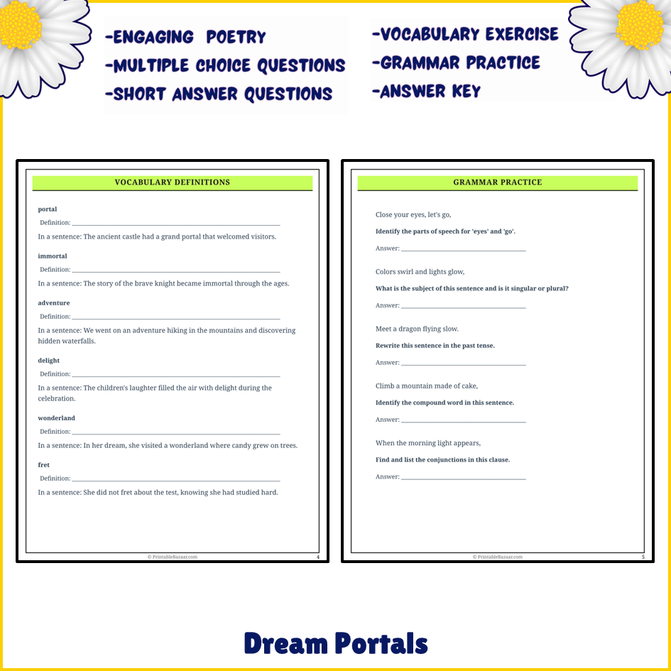 Dream Portals | Poem Grammar Worksheet Printable Activity