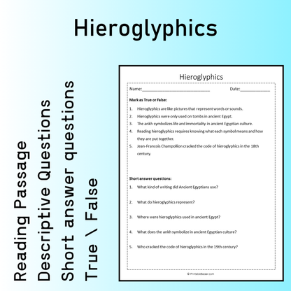 Hieroglyphics | Reading Comprehension Passage Printable Worksheet