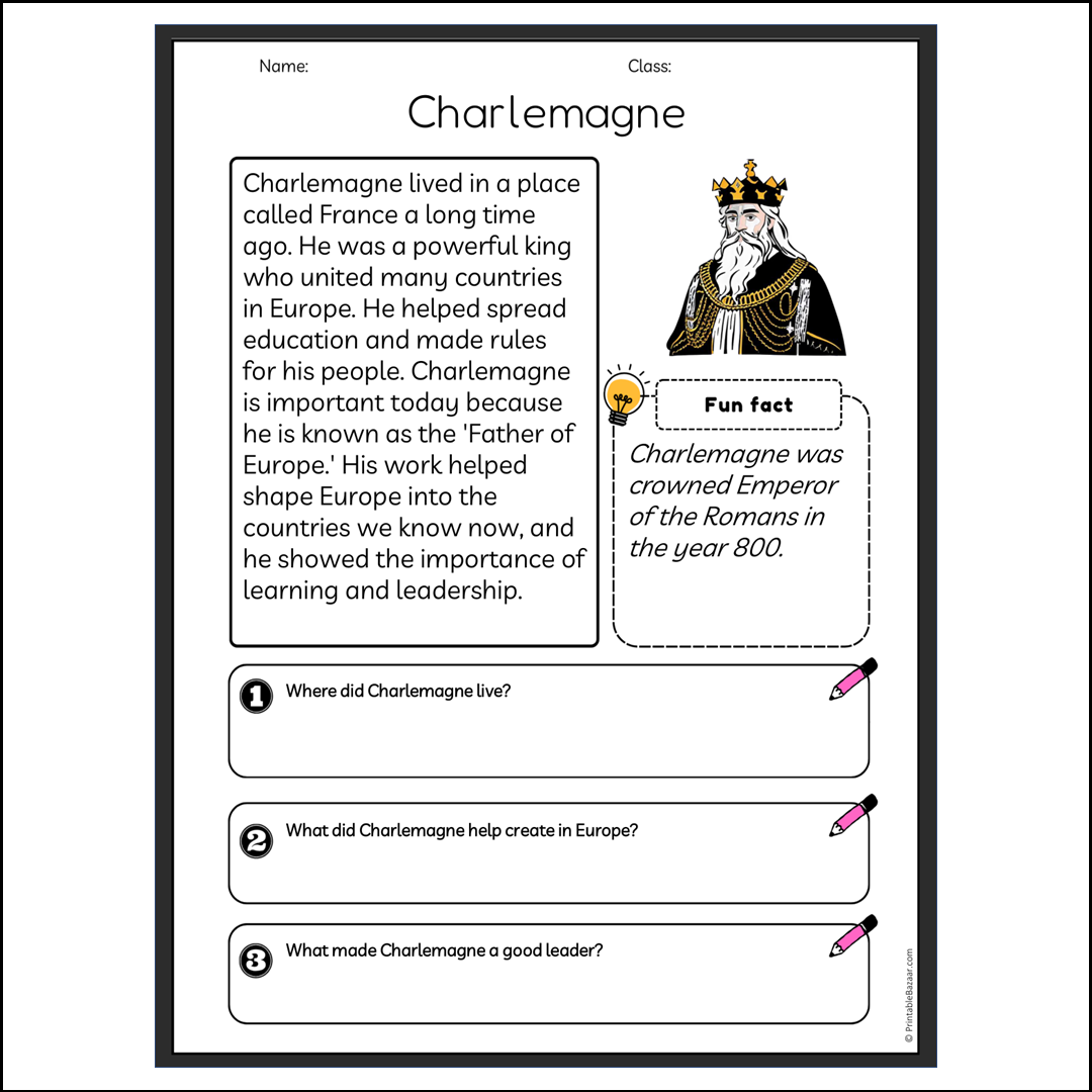 Charlemagne | Reading Passage Comprehension Questions Writing Facts Worksheet