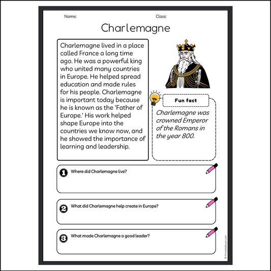 Charlemagne | Reading Passage Comprehension Questions Writing Facts Worksheet