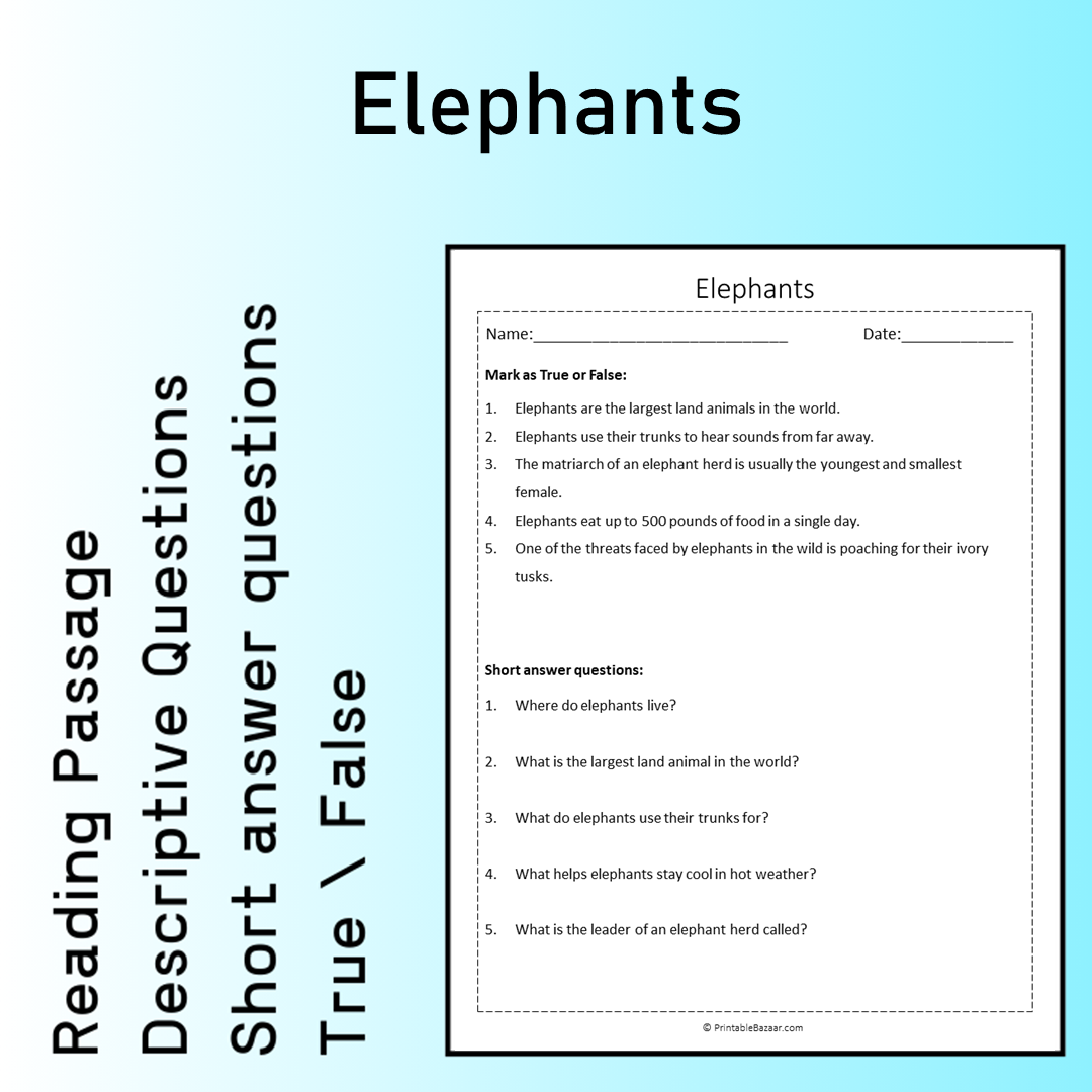 Elephants | Reading Comprehension Passage Printable Worksheet