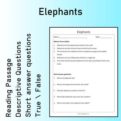 Elephants | Reading Comprehension Passage Printable Worksheet
