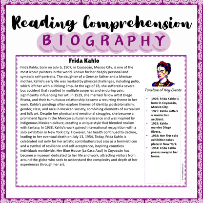 Frida Kahlo | Biography Reading Comprehension and Questions Worksheet