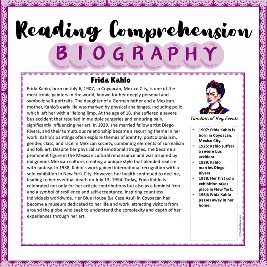 Frida Kahlo | Biography Reading Comprehension and Questions Worksheet