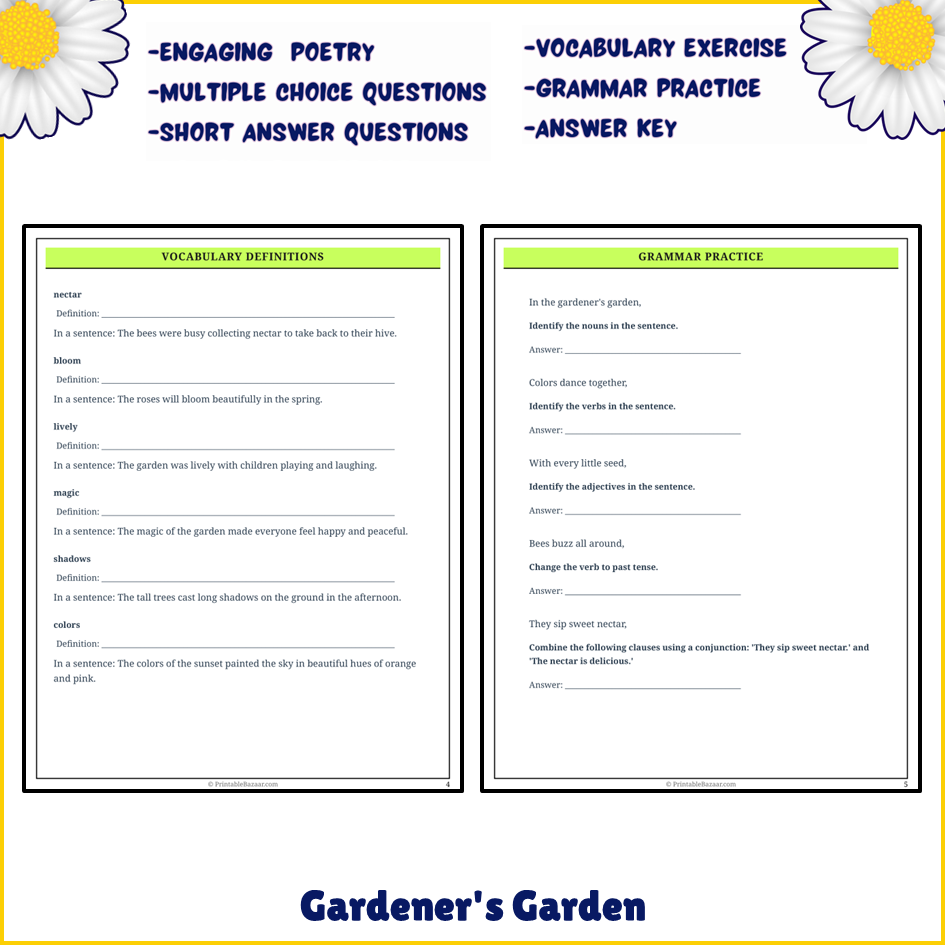 Gardener's Garden | Poem Grammar Worksheet Printable Activity