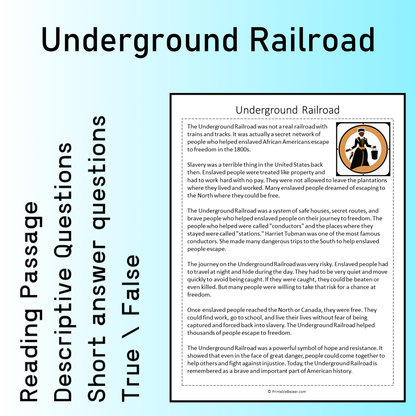 Underground Railroad | Reading Comprehension Passage Printable Worksheet