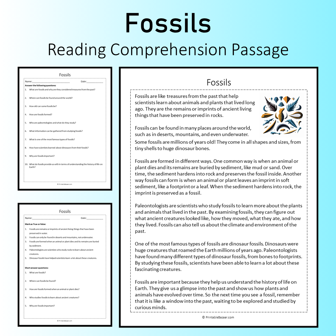 Fossils | Reading Comprehension Passage Printable Worksheet