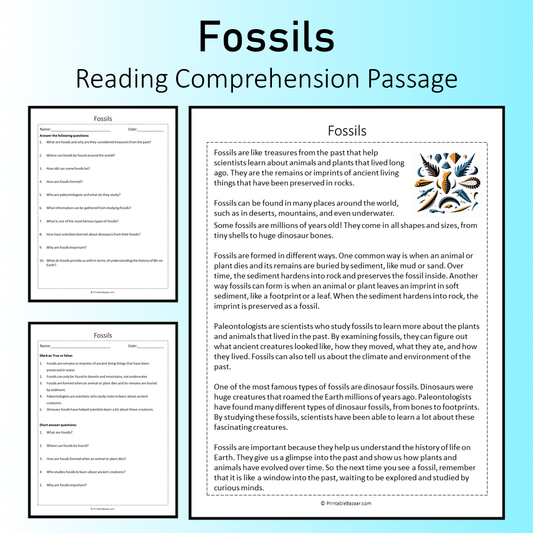 Fossils | Reading Comprehension Passage Printable Worksheet