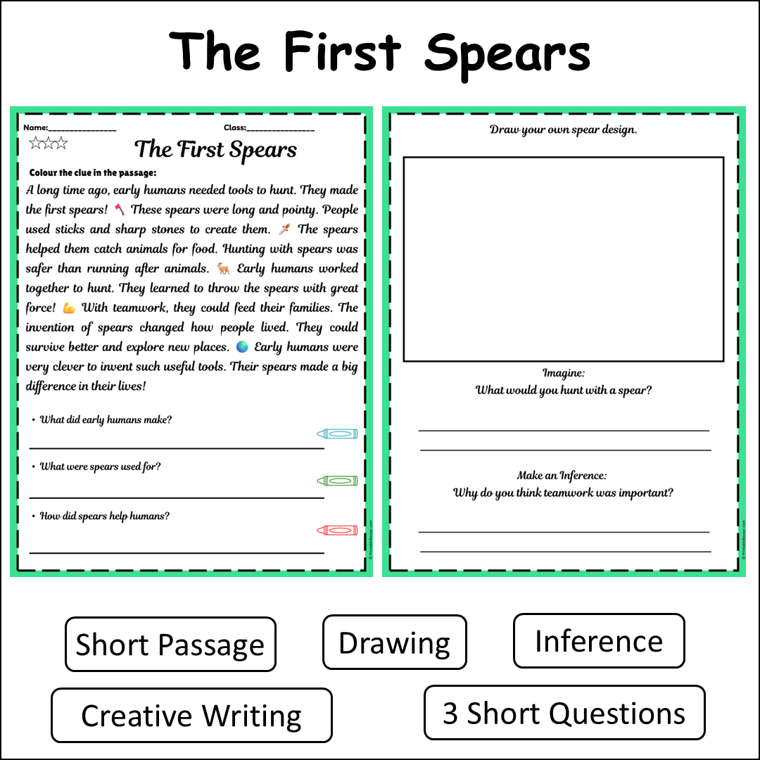 The First Spears | Short Reading Comprehension Creative Worksheet