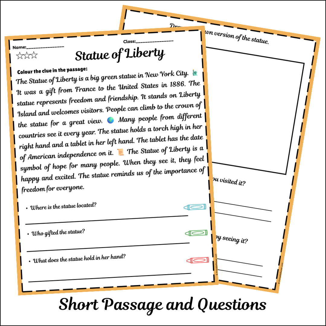 Statue of Liberty | Short Reading Comprehension Creative Worksheet