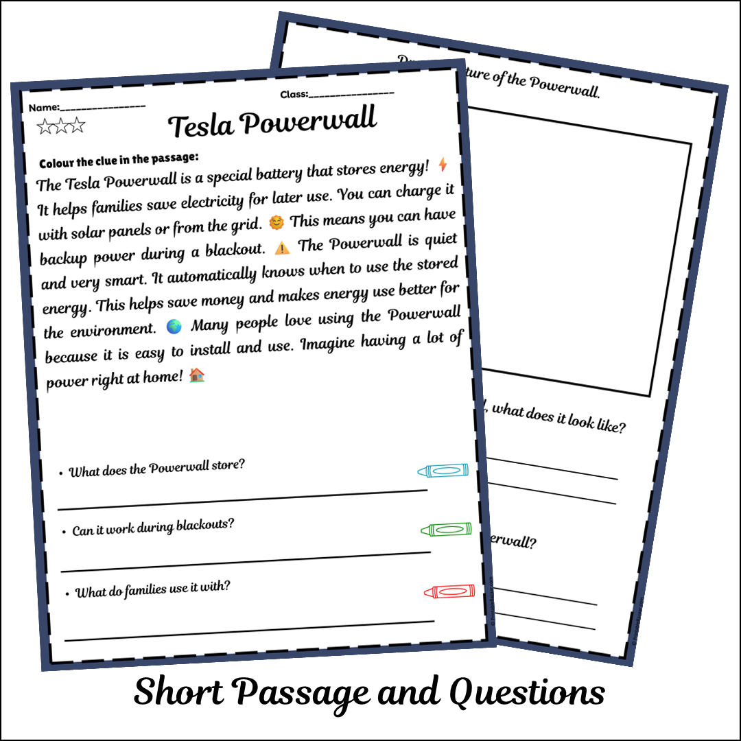 Tesla Powerwall | Short Reading Comprehension Creative Worksheet