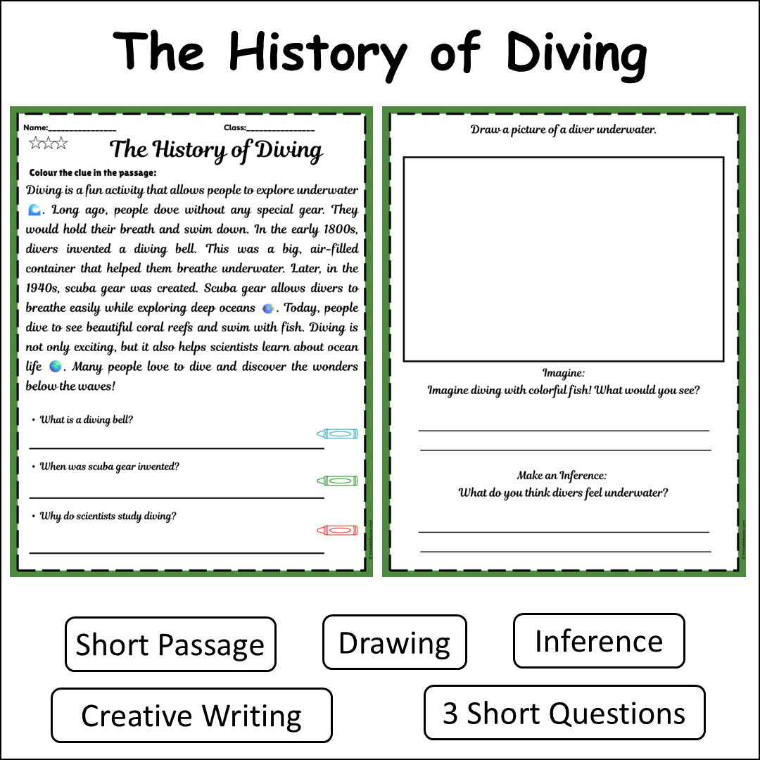 The History of Diving | Short Reading Comprehension Creative Worksheet