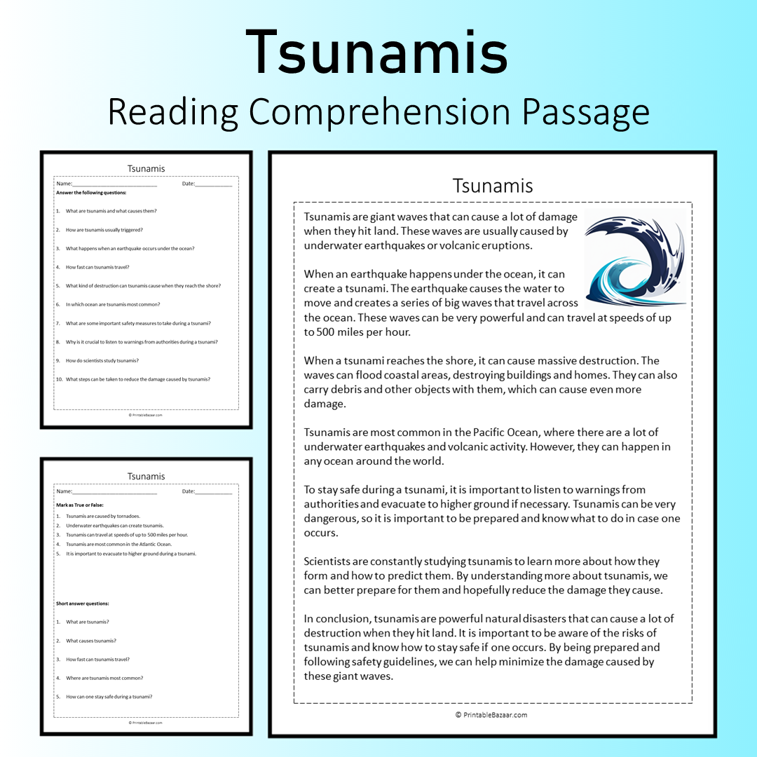 Tsunamis | Reading Comprehension Passage Printable Worksheet