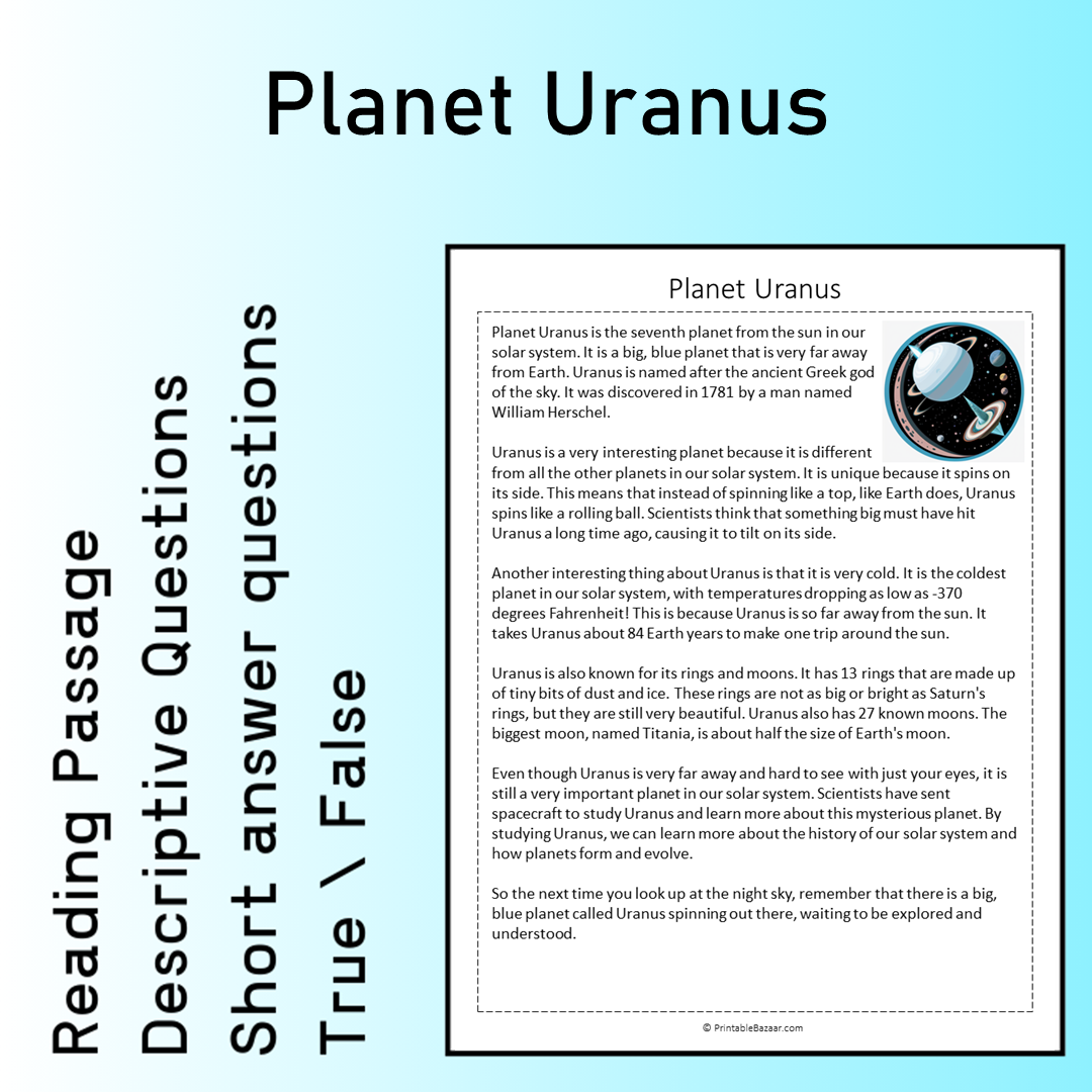 Planet Uranus | Reading Comprehension Passage Printable Worksheet
