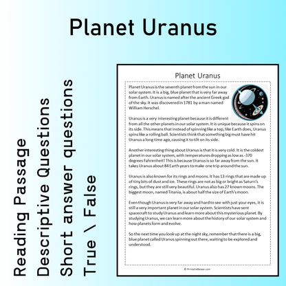 Planet Uranus | Reading Comprehension Passage Printable Worksheet