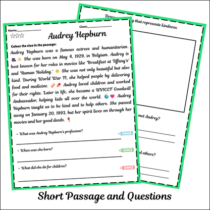 Audrey Hepburn | Short Reading Comprehension Creative Worksheet