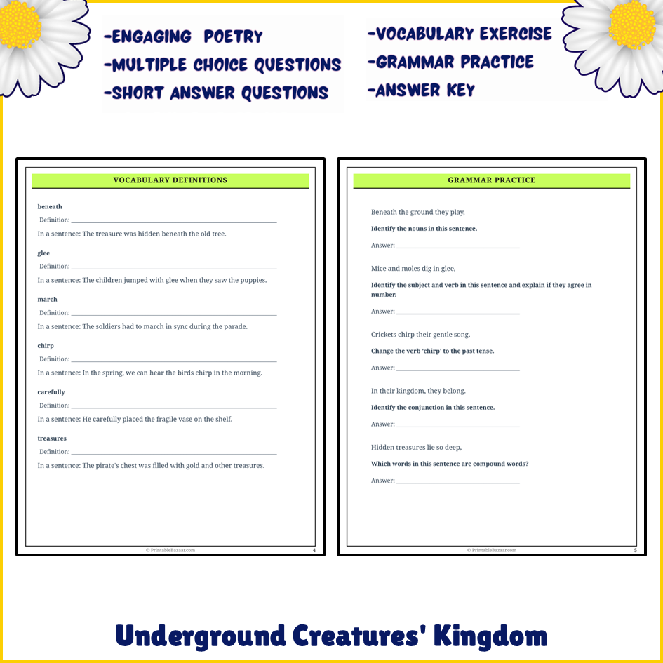 Underground Creatures' Kingdom | Poem Grammar Worksheet Printable Activity