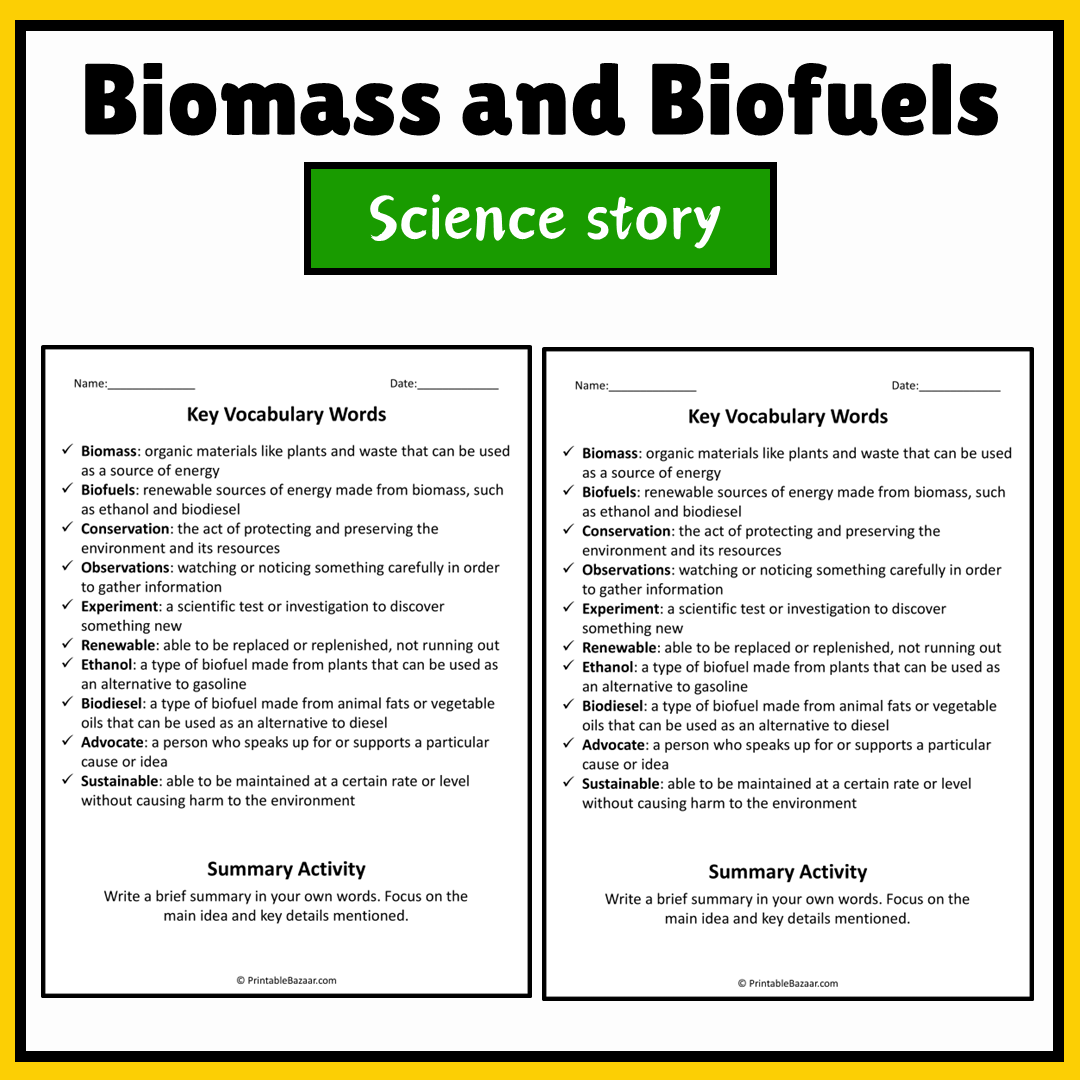 Biomass and Biofuels | Science Story Reading Comprehension Activity