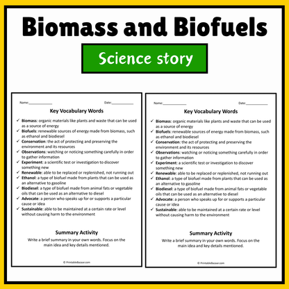 Biomass and Biofuels | Science Story Reading Comprehension Activity