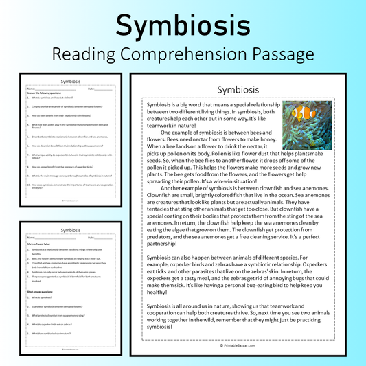 Symbiosis | Reading Comprehension Passage Printable Worksheet