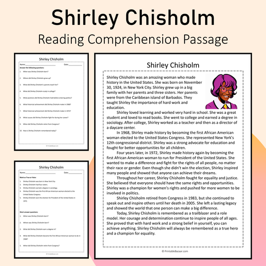 Shirley Chisholm | Reading Comprehension Passage Printable Activity