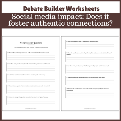 Social media impact: Does it foster authentic connections? | Favour and Against Worksheet Printable Activity