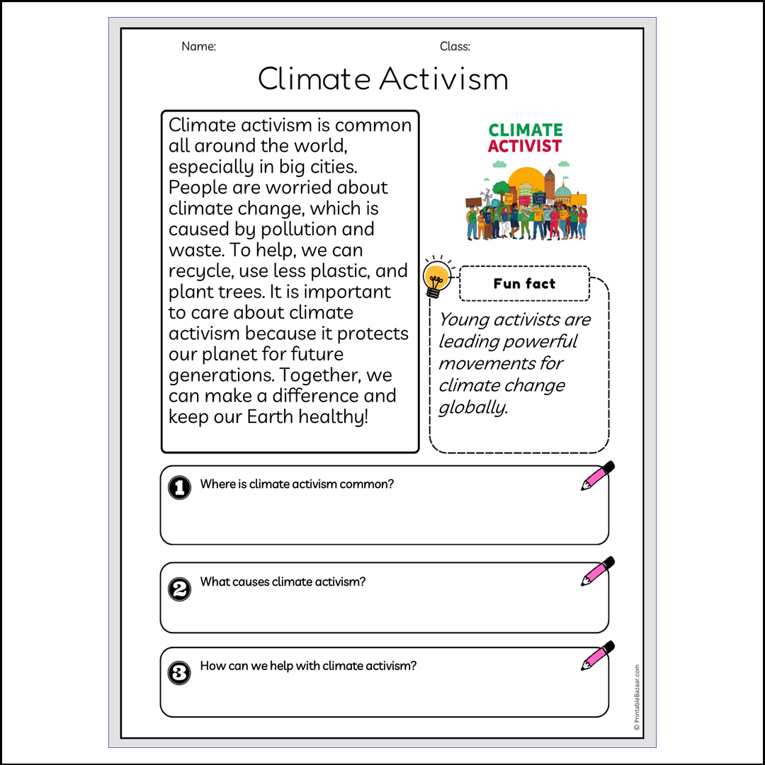 Climate Activism | Reading Passage Comprehension Questions Writing Facts Worksheet