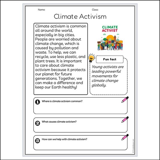 Climate Activism | Reading Passage Comprehension Questions Writing Facts Worksheet