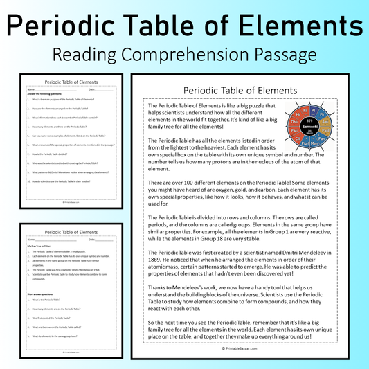 Periodic Table of Elements | Reading Comprehension Passage Printable Worksheet