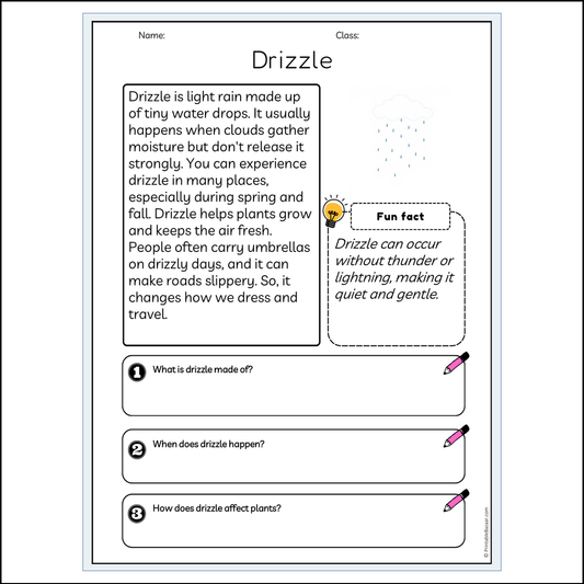 Drizzle | Reading Passage Comprehension Questions Writing Facts Worksheet