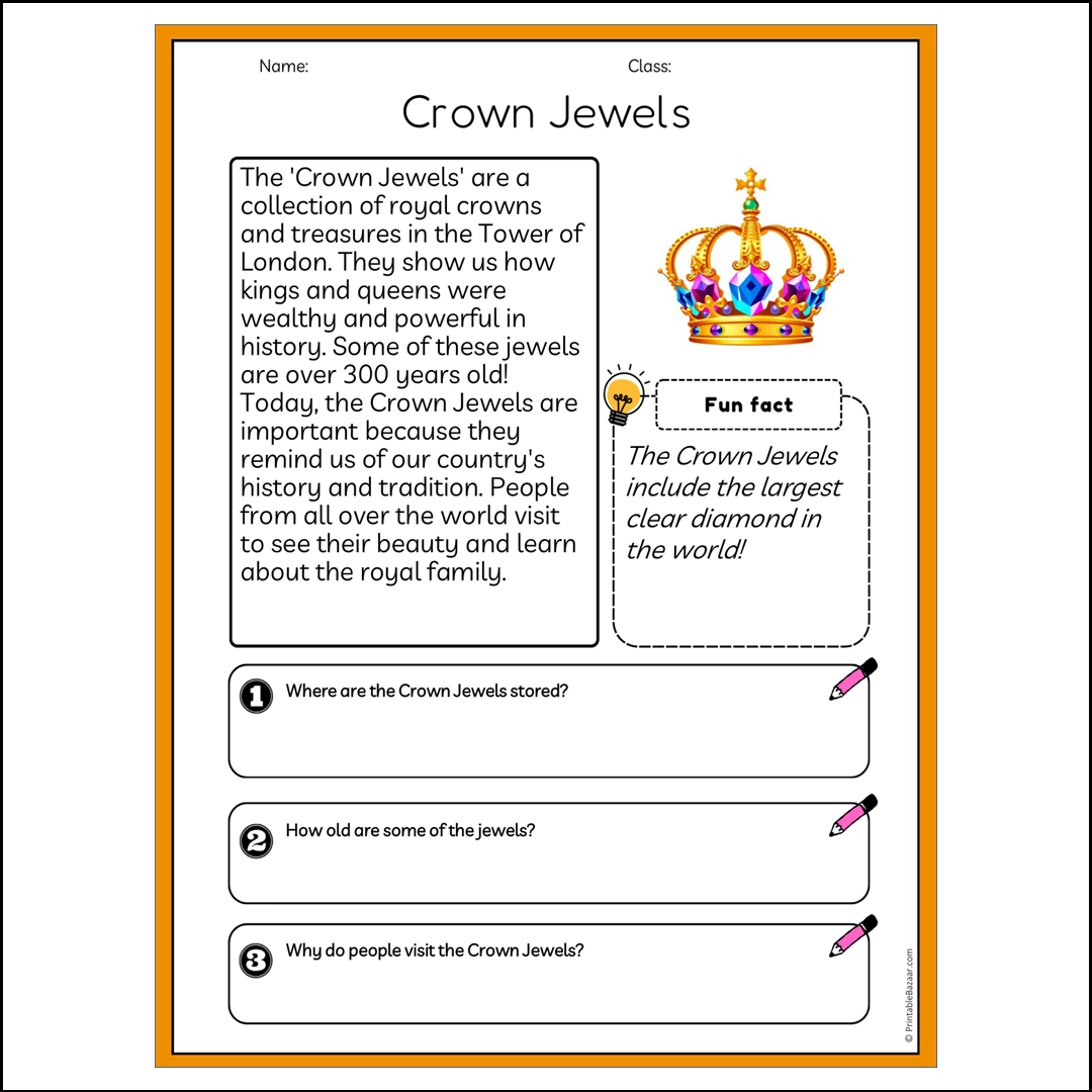 Crown Jewels | Reading Passage Comprehension Questions Writing Facts Worksheet