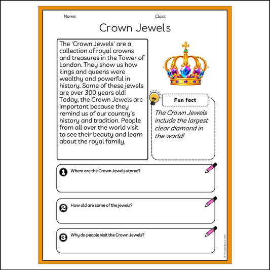 Crown Jewels | Reading Passage Comprehension Questions Writing Facts Worksheet