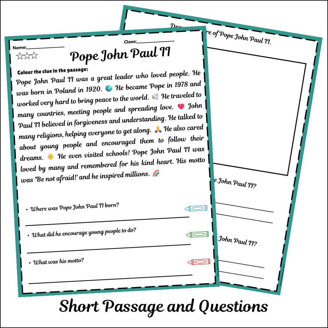 Pope John Paul II | Short Reading Comprehension Creative Worksheet